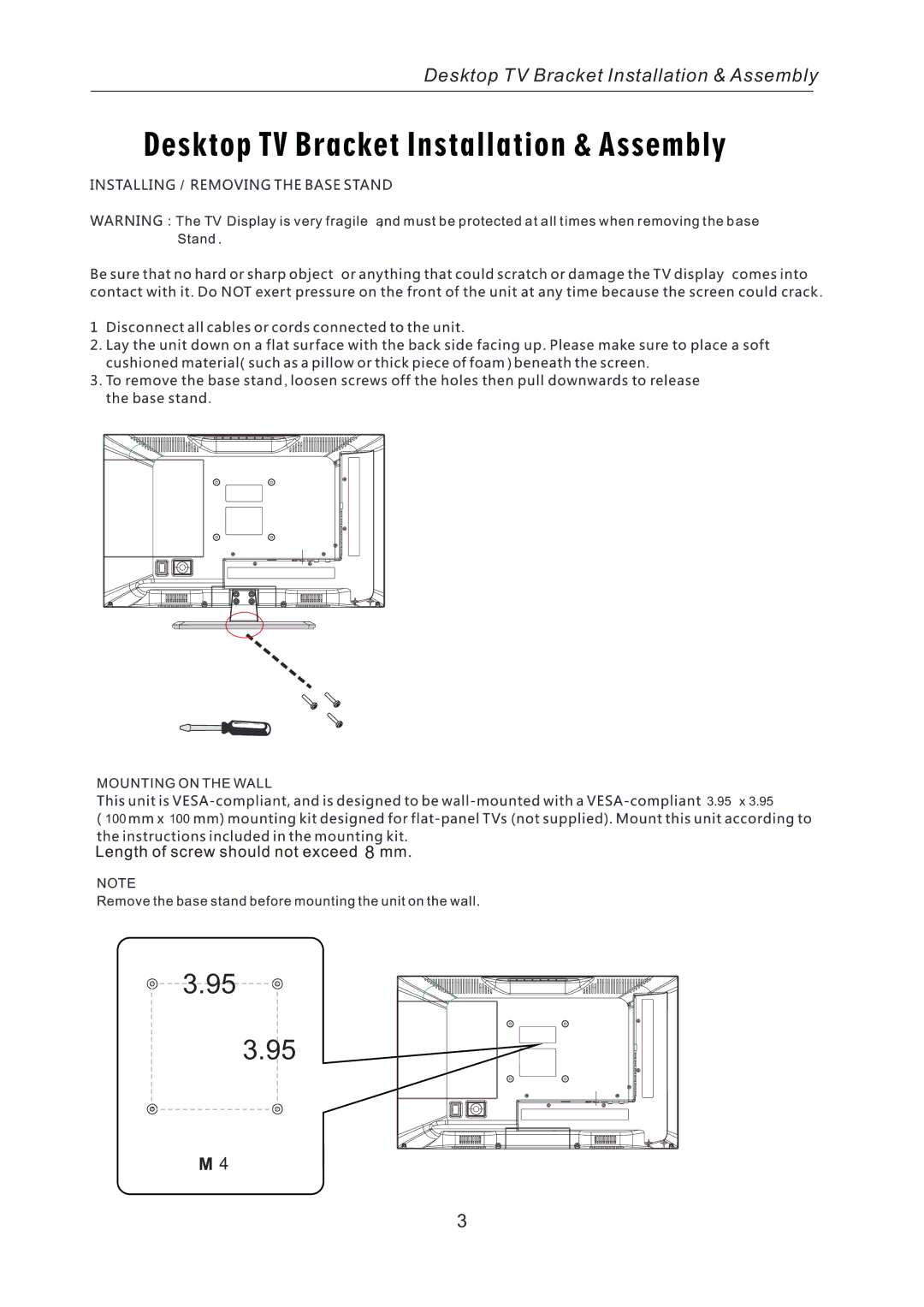 RCA RLED2242A-WHITE instruction manual Desktop TV Bracket Installation & Assembly 