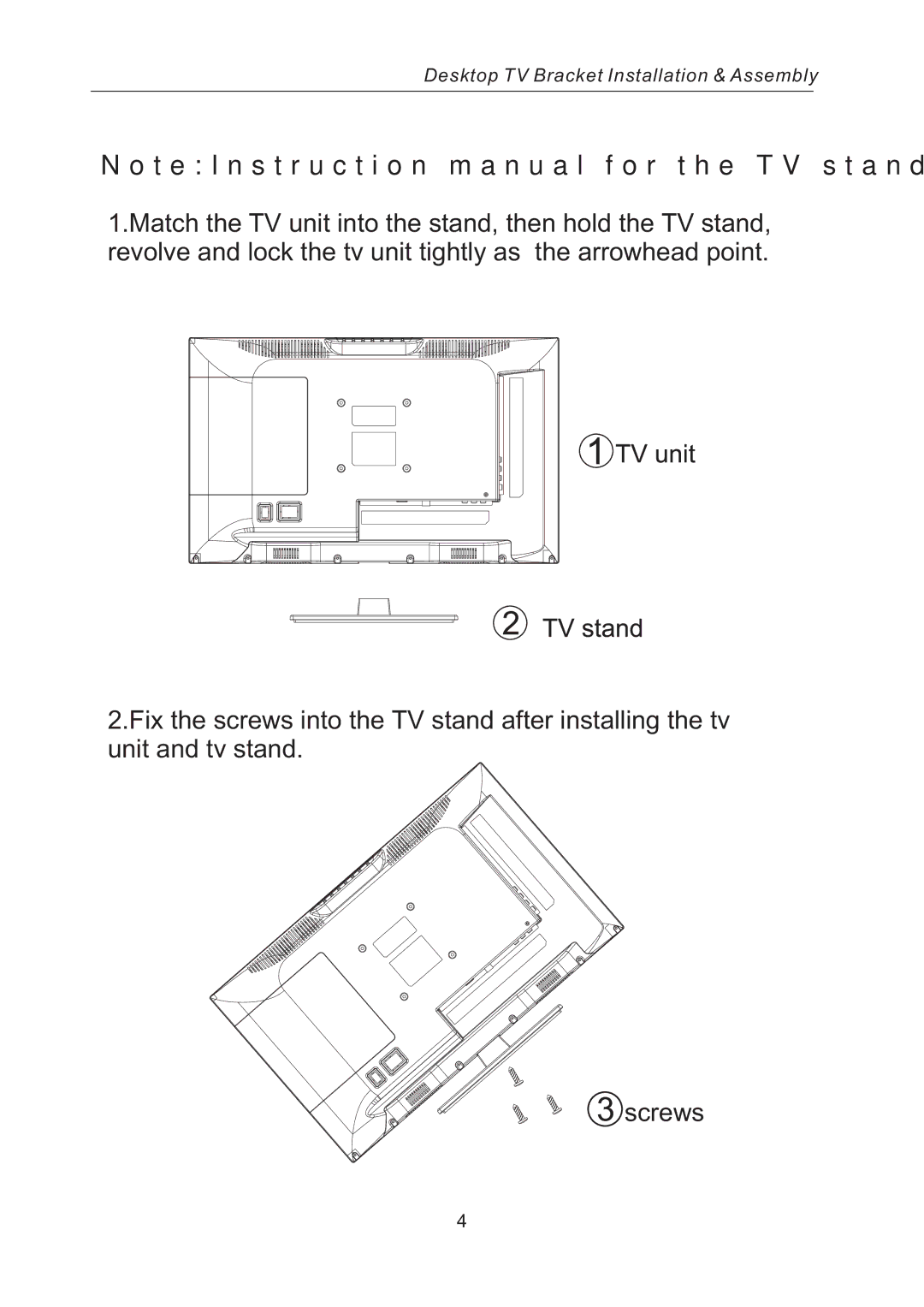 RCA RLED2242A-WHITE instruction manual Desktop TV Bracket Installation & Assembly 