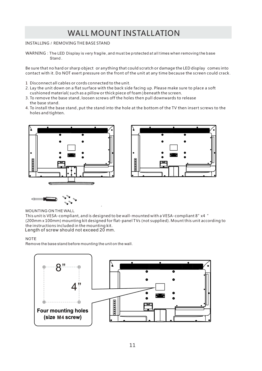 RCA RLED3216A manual Wall Mount Installation, Installing / Removing the Base Stand 