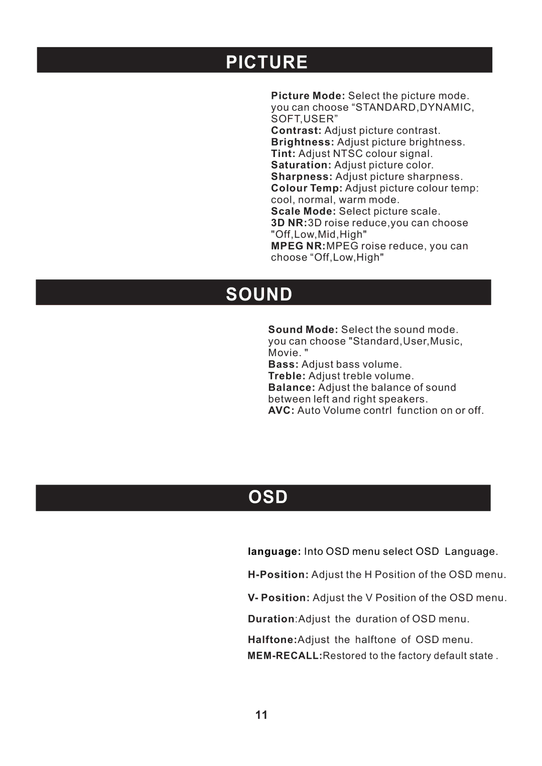 RCA RLED3218 instruction manual Picture, Sound, Osd 