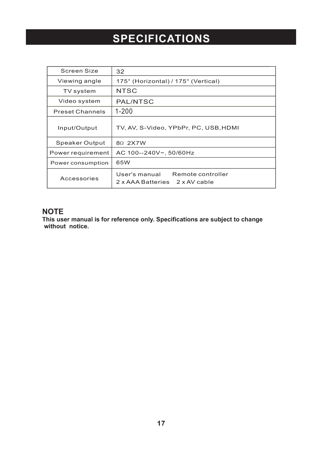 RCA RLED3218 instruction manual Specifications, 200 