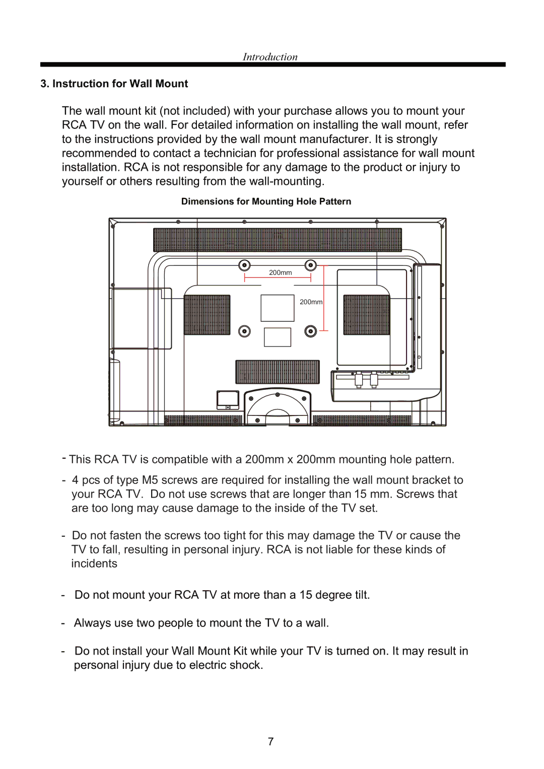 RCA RLED4250A manual Instruction for Wall Mount 