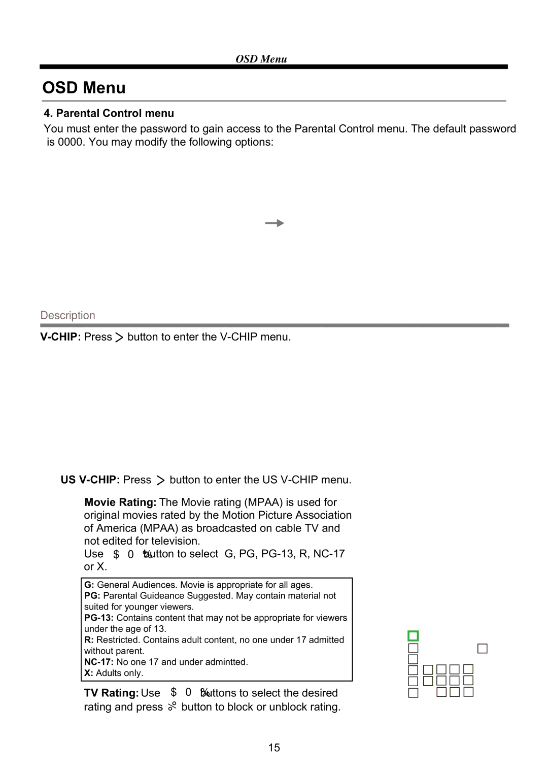 RCA RLED4664A manual Parental Control menu, TV Rating Use 