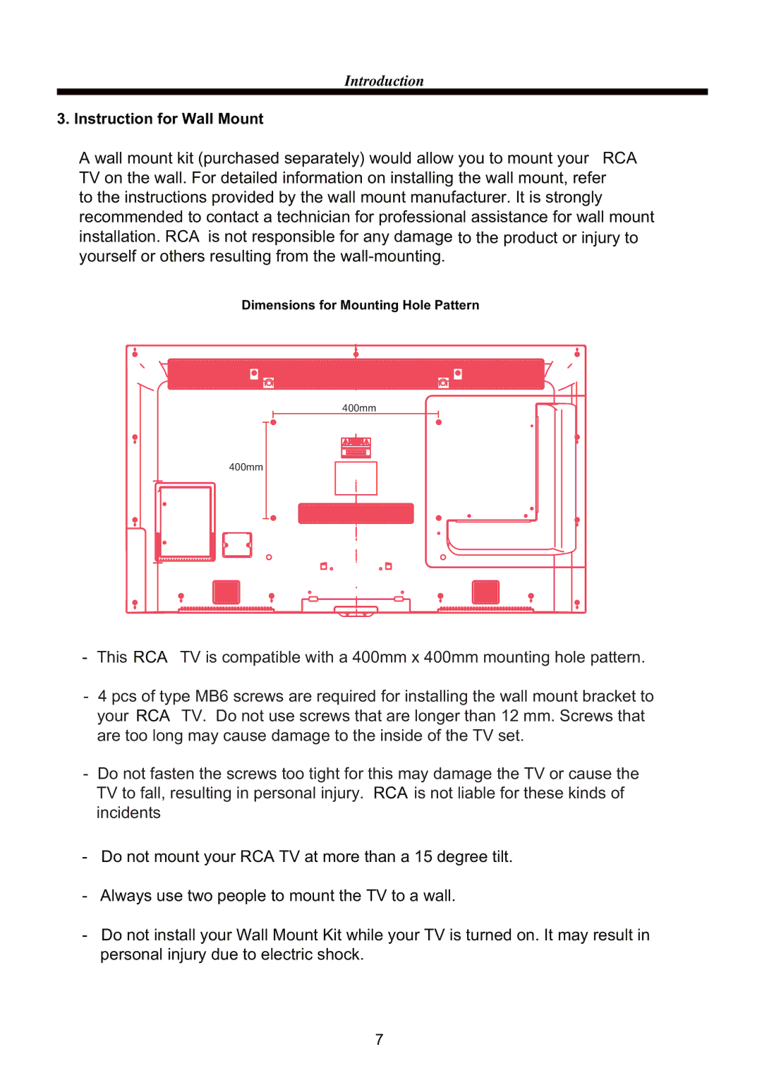 RCA RLED4664A manual Instruction for Wall Mount 