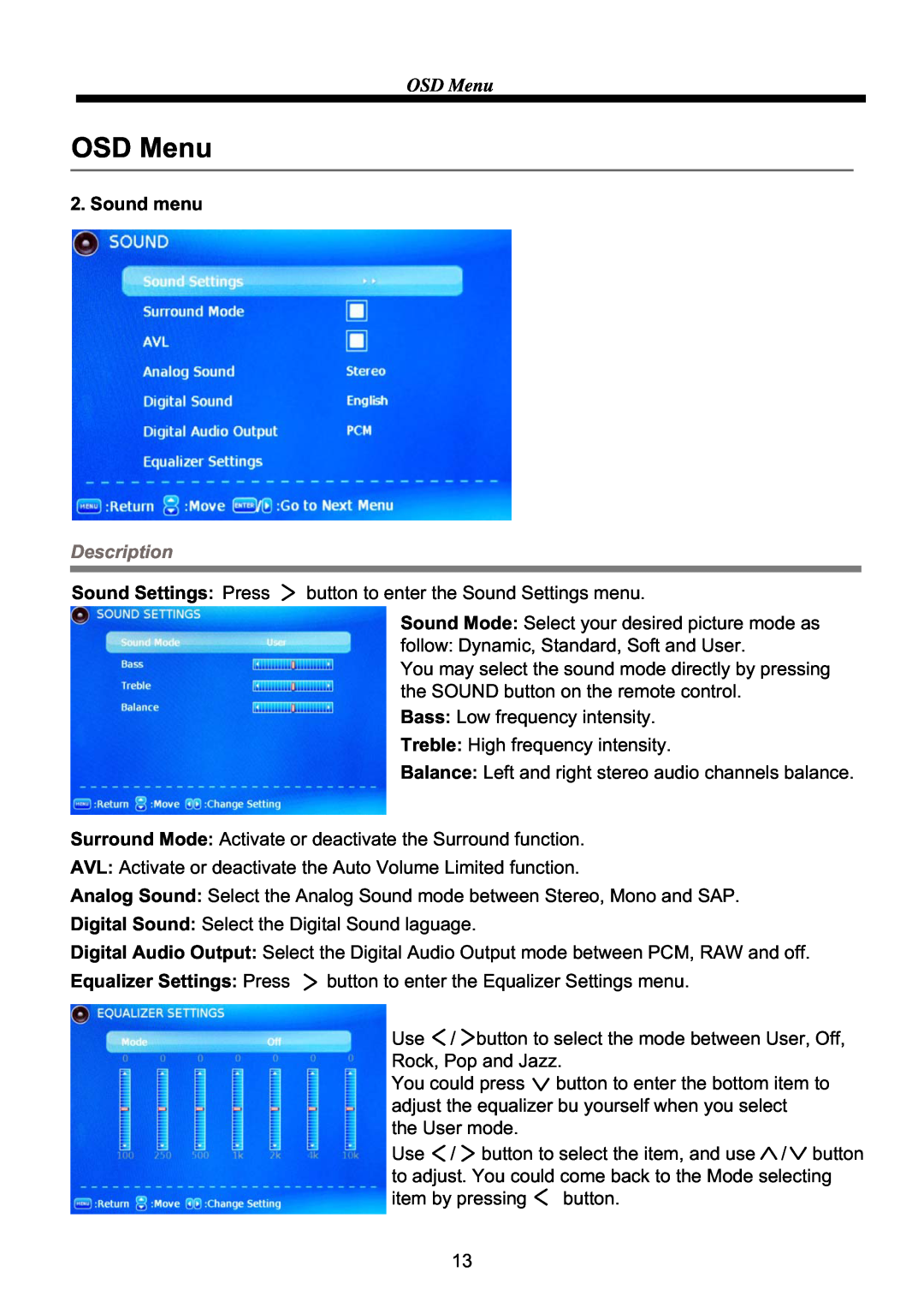 RCA RLED4664A manual OSD Menu, Sound menu, Description, Sound Settings Press, Equalizer Settings Press 