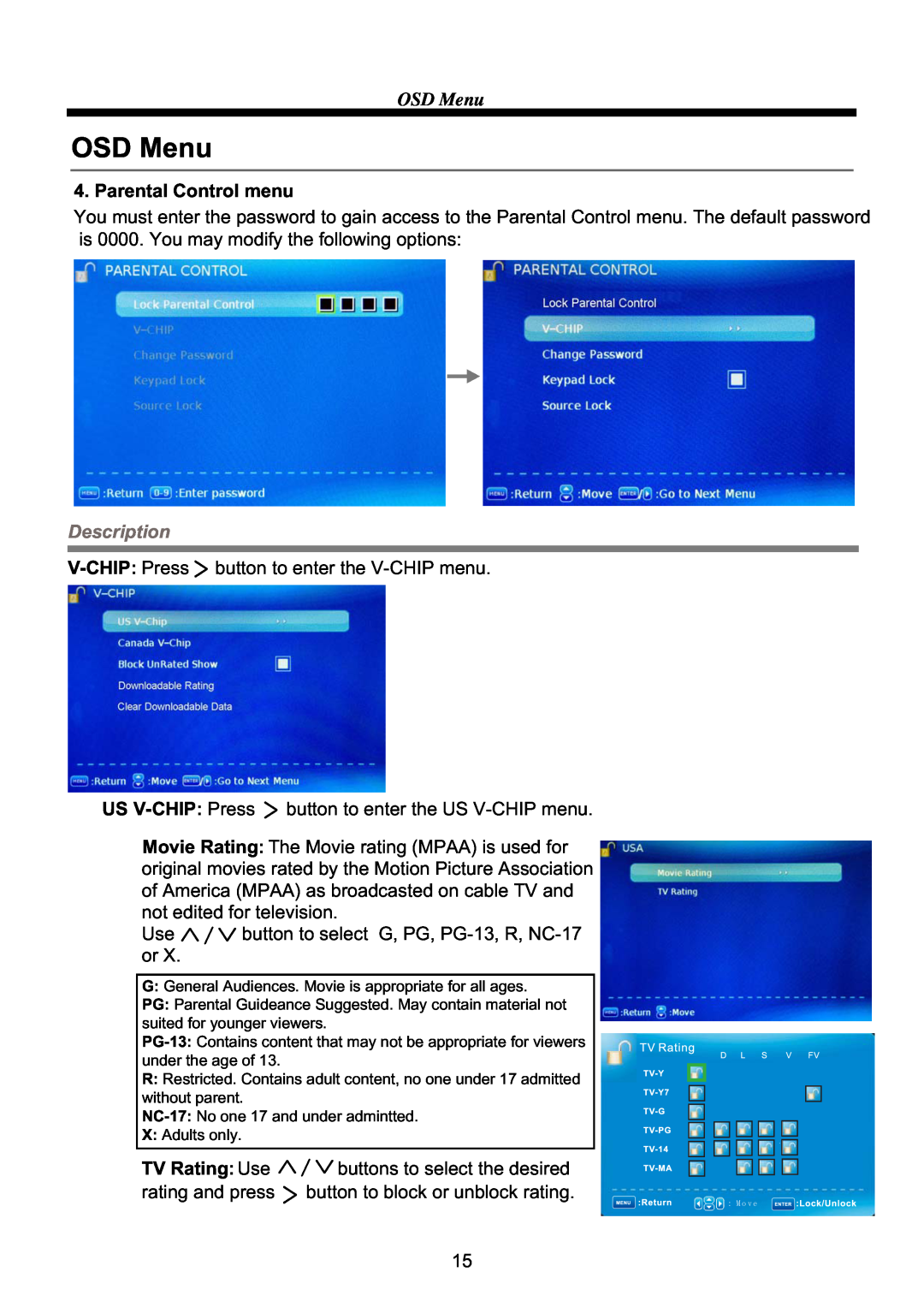 RCA RLED4664A manual OSD Menu, Parental Control menu, Description, TV Rating Use 