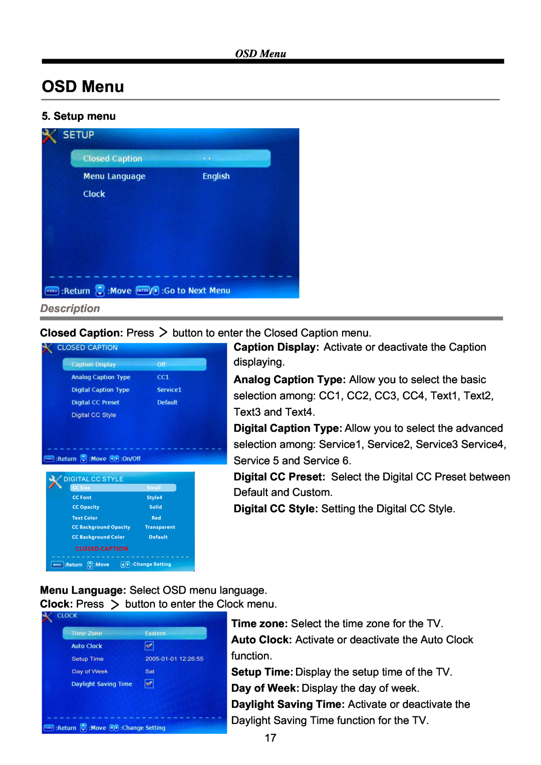 RCA RLED4664A manual OSD Menu, Setup menu, Description, Closed Caption Press, Clock Press 