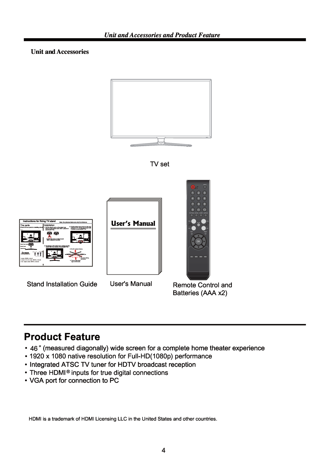 RCA RLED4664A Unit and Accessories and Product Feature, Instructions for fixing TV stand, The parts, Installation 