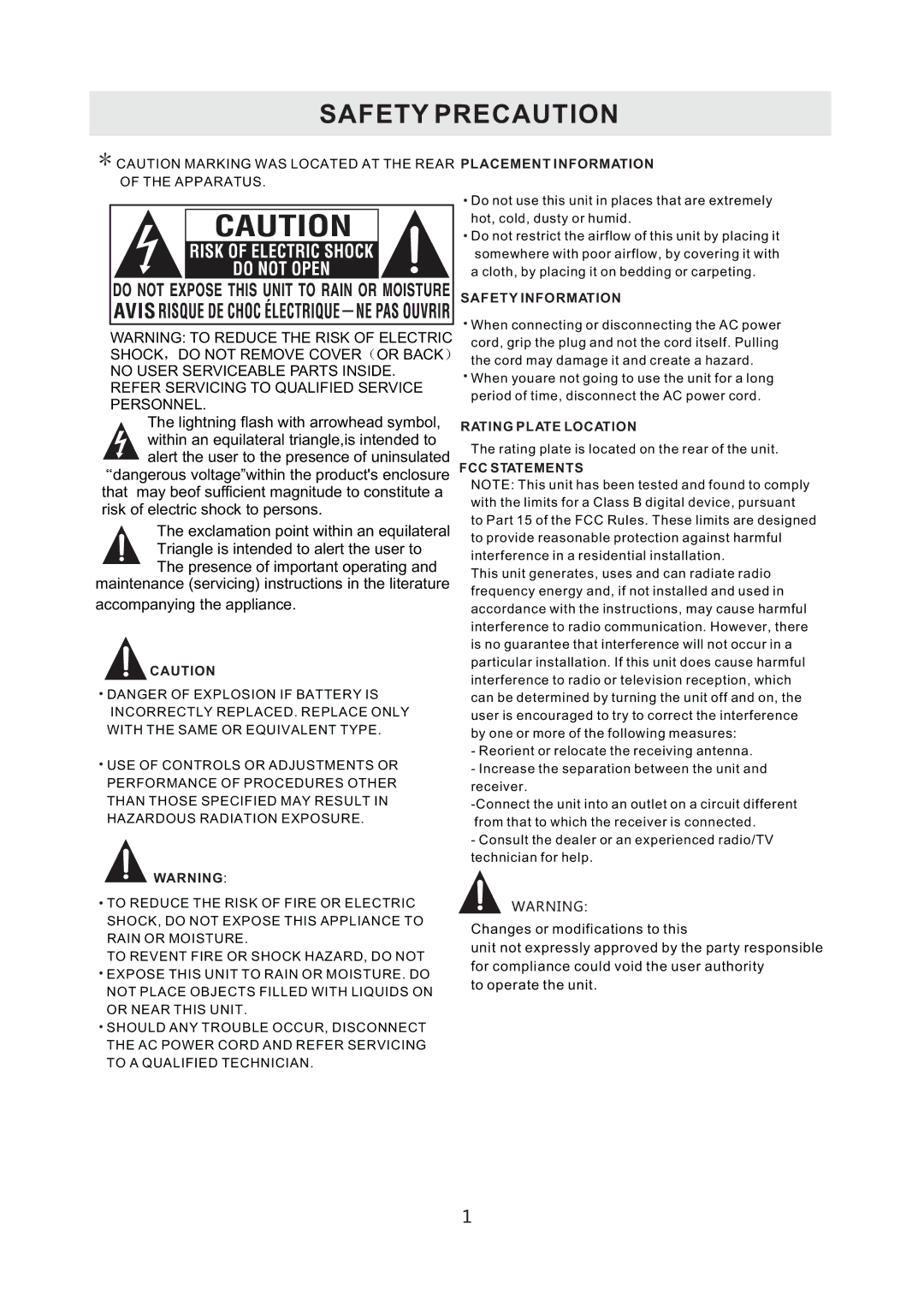 RCA RLED4778A manual Safety Precaution 