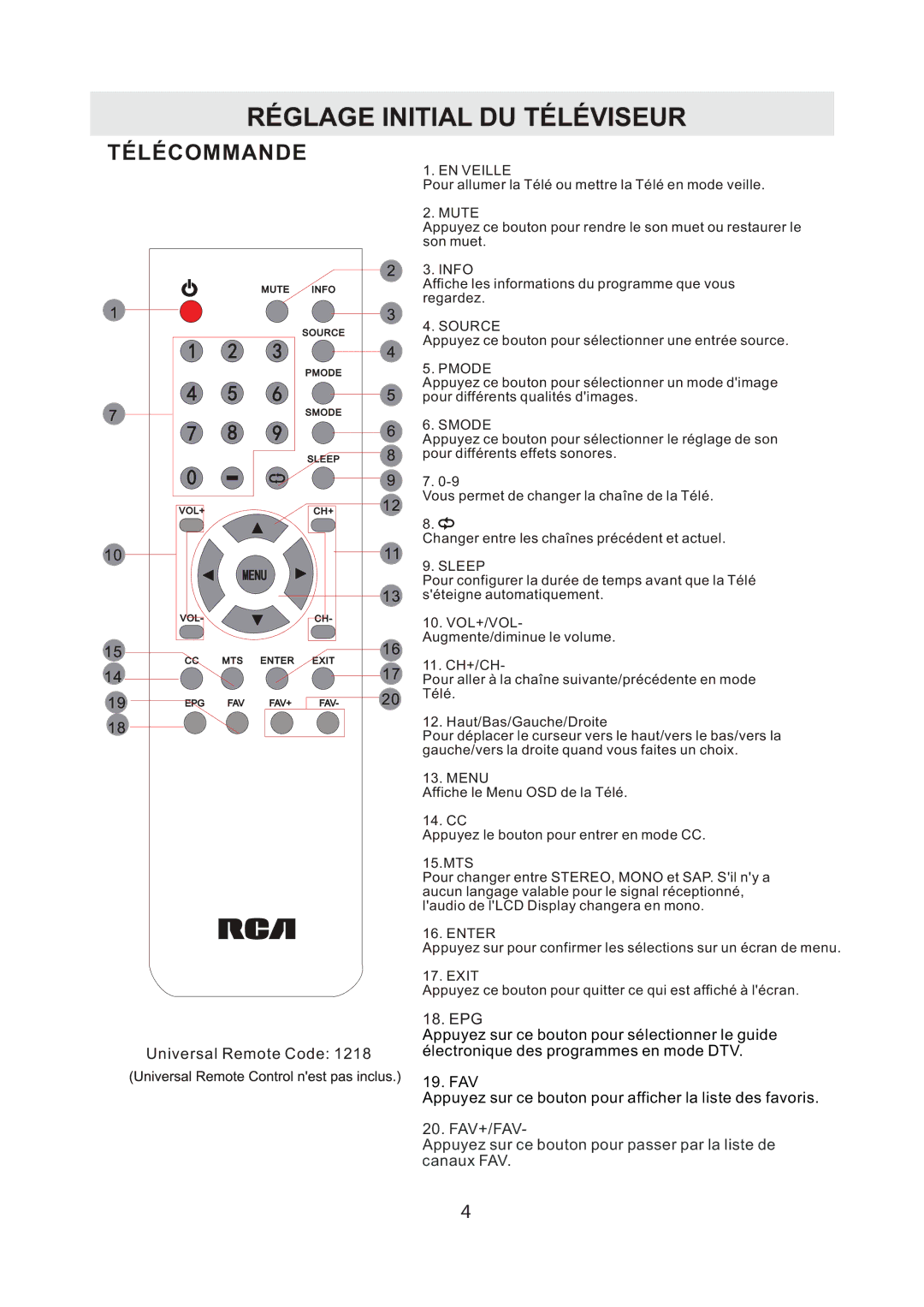 RCA RLED4778A manual Réglage Initial DU Téléviseur 