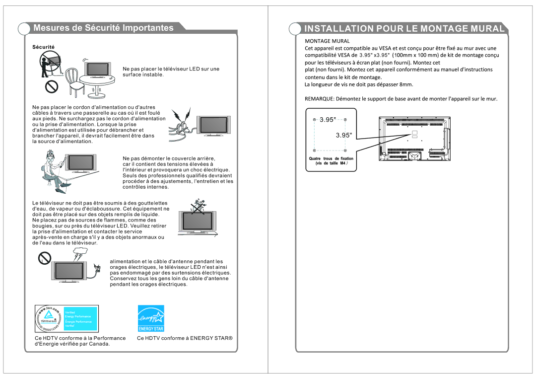 RCA RLEDV2490A manual Installation Pour LE Montage Mural 