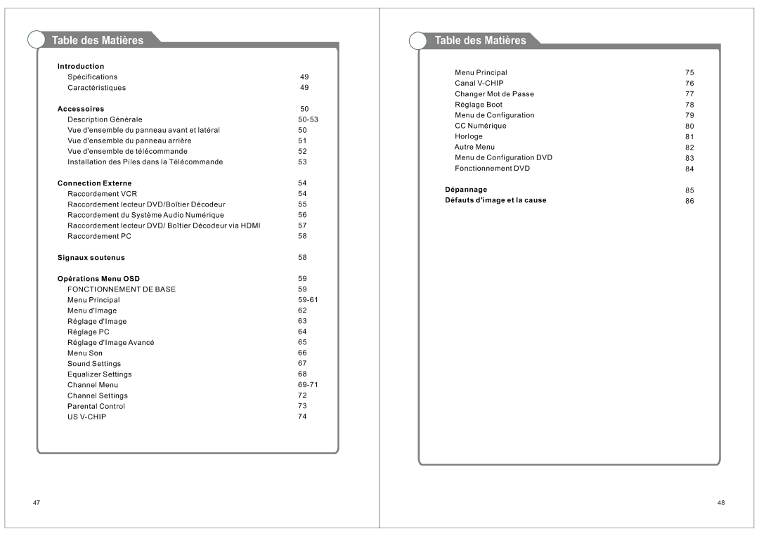 RCA RLEDV2490A manual Table des Matières, Accessoires, Connection Externe, Signaux soutenus Opérations Menu OSD 