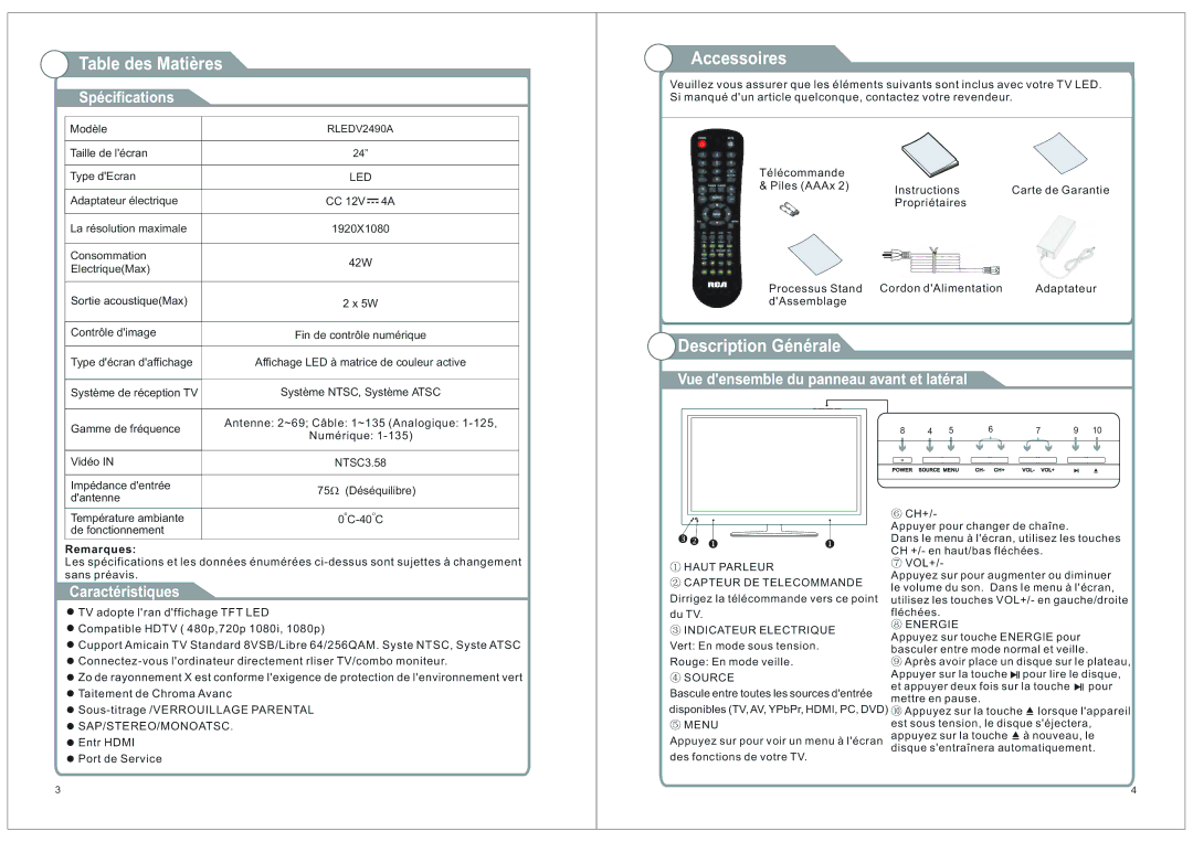 RCA RLEDV2490A manual Accessoires, Description Générale, Spécifications, Caractéristiques 