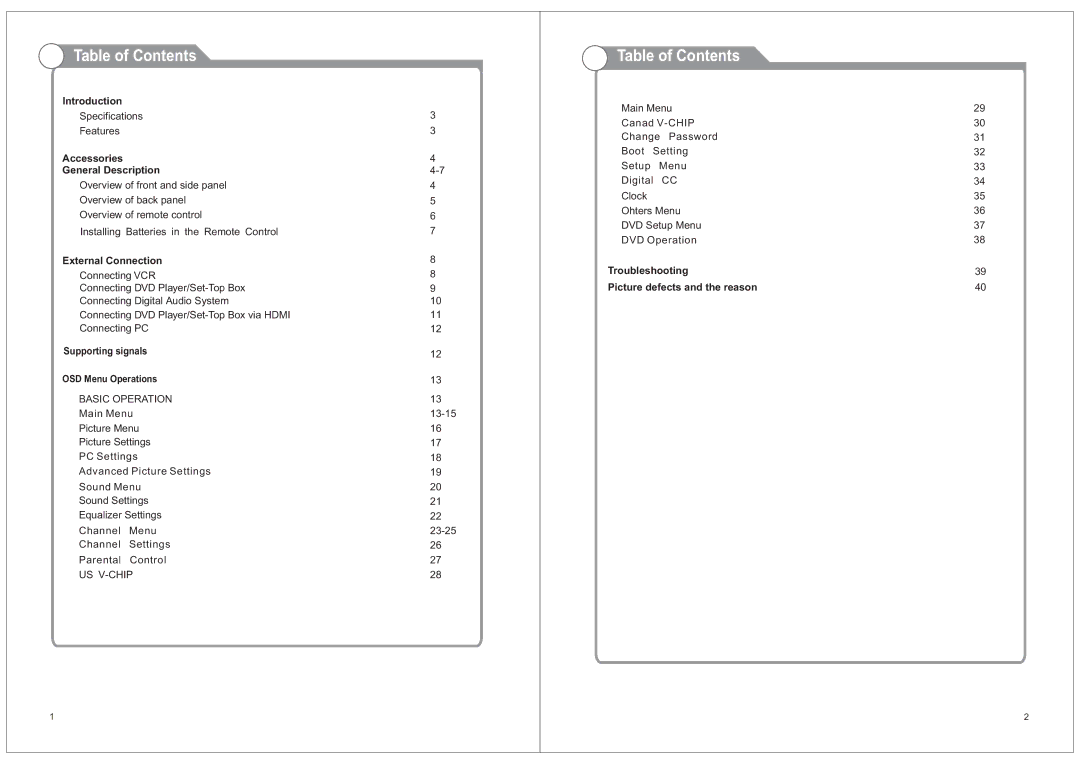 RCA RLEDV2490A manual Table of Contents 