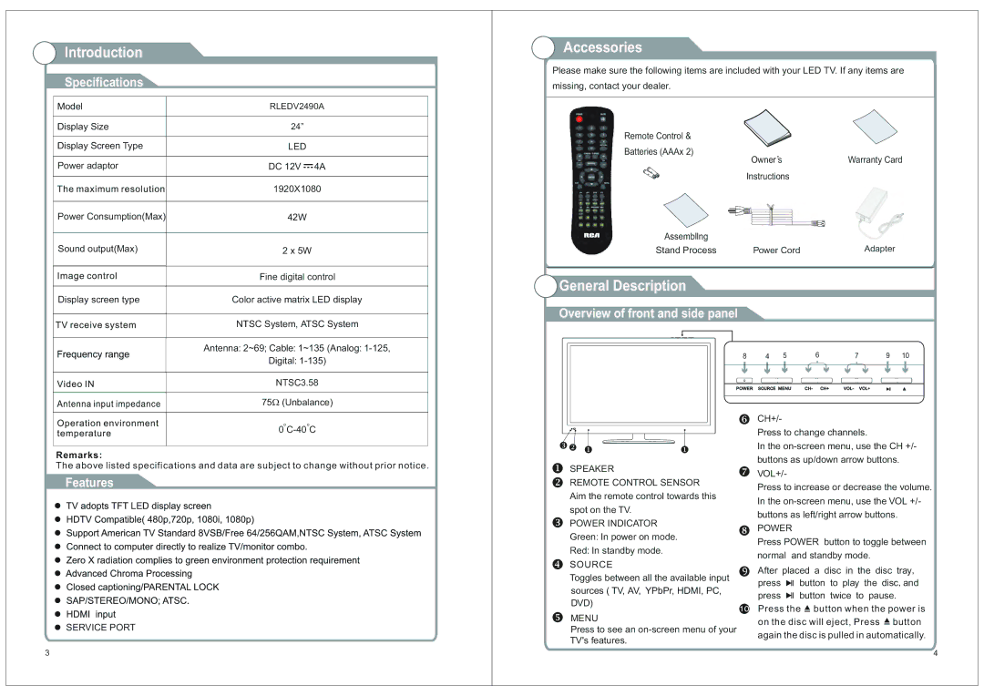 RCA RLEDV2490A manual Introduction, Accessories, General Description 