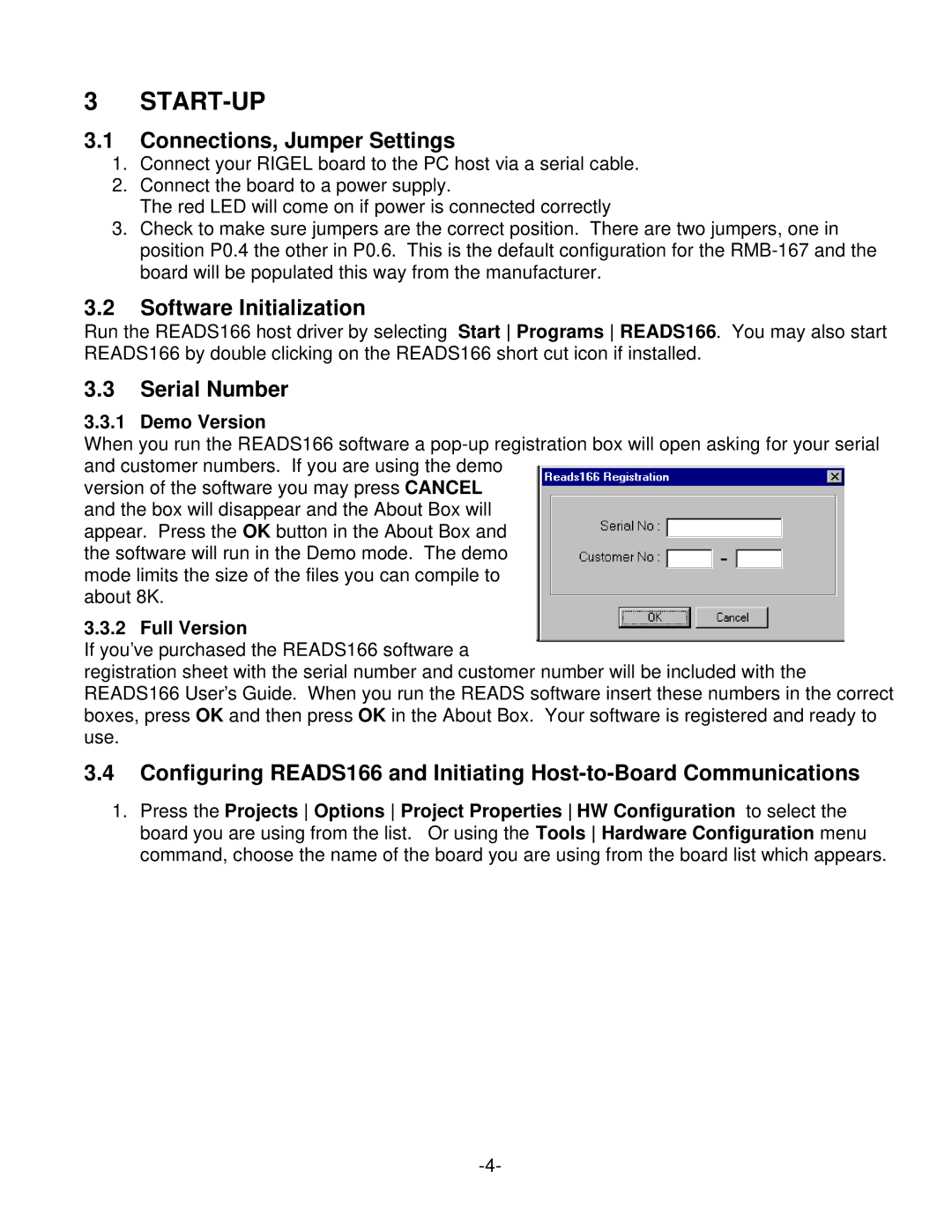 RCA RMB-167 manual Start-Up, Connections, Jumper Settings, Software Initialization, Serial Number 