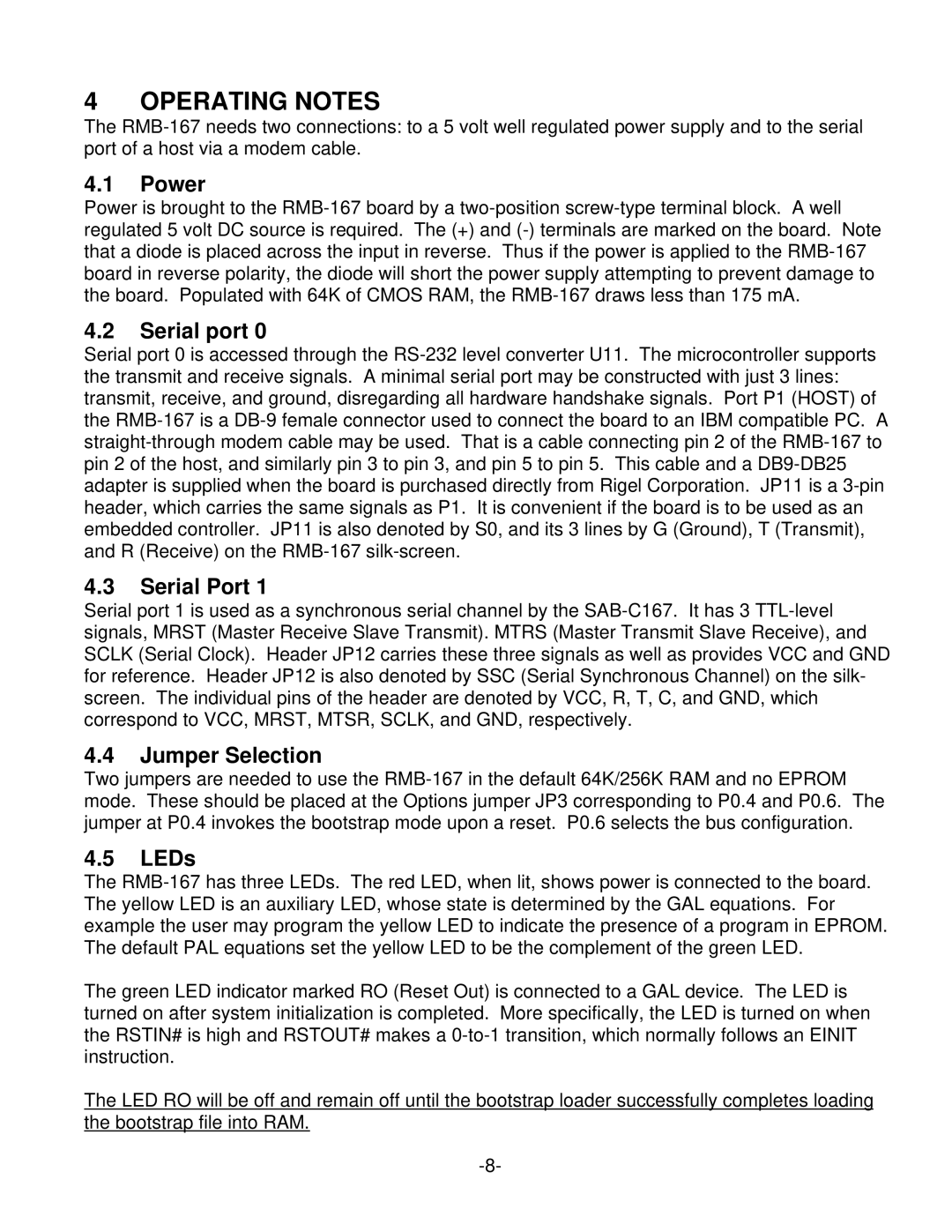 RCA RMB-167 manual Operating Notes, Power, Serial port, Jumper Selection, LEDs 