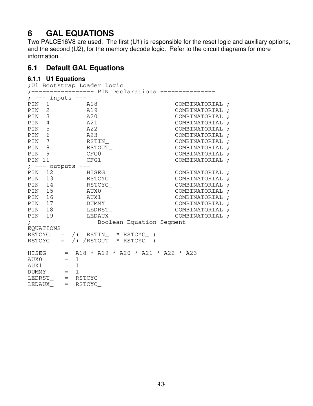 RCA RMB-167 manual Default GAL Equations, 1 U1 Equations 