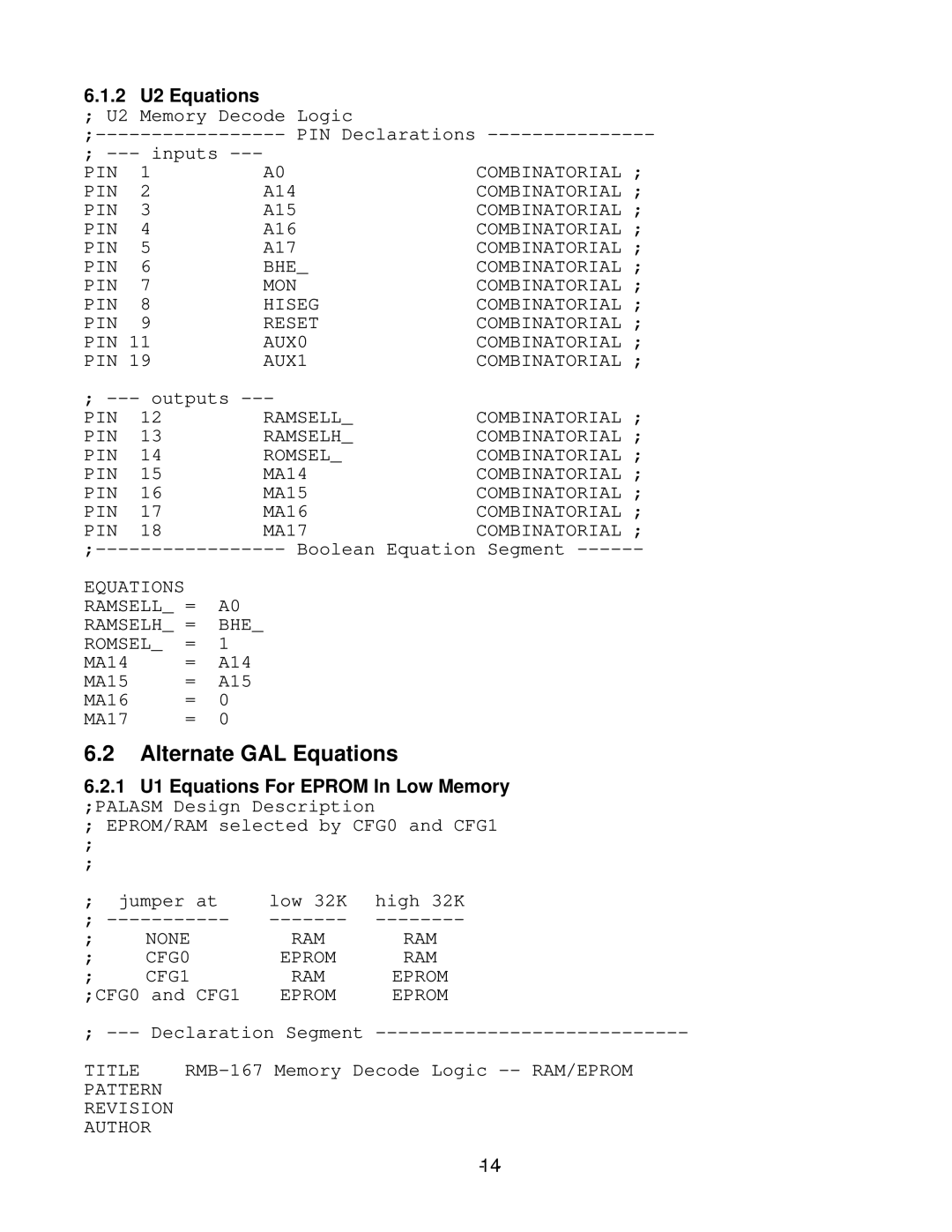 RCA RMB-167 manual Alternate GAL Equations, U2 Equations, 1 U1 Equations For Eprom In Low Memory 