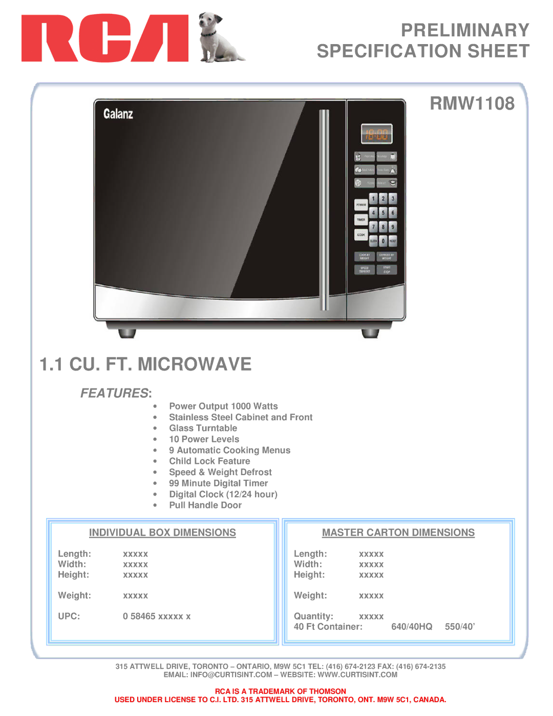 RCA RMW1108 specifications Preliminary Specification Sheet, CU. FT. Microwave, Features, Upc 