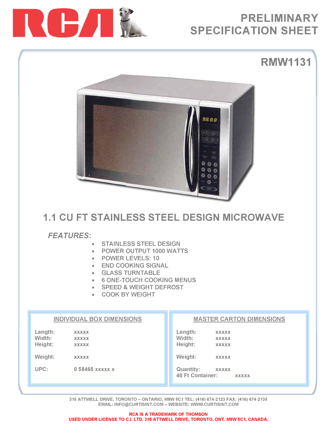 RCA RMW1131 specifications Preliminary Specification Sheet, CU FT Stainless Steel Design Microwave, Features, Upc 