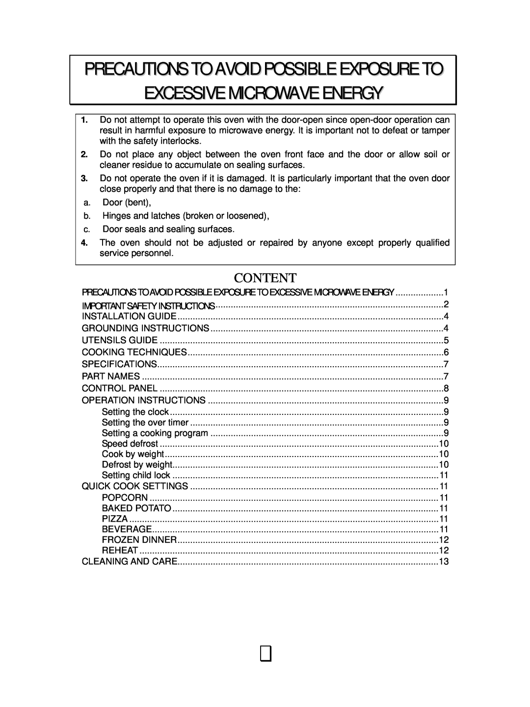 RCA RMW1138 owner manual Precautions To Avoid Possible Exposure To Excessive Microwave Energy, Content 