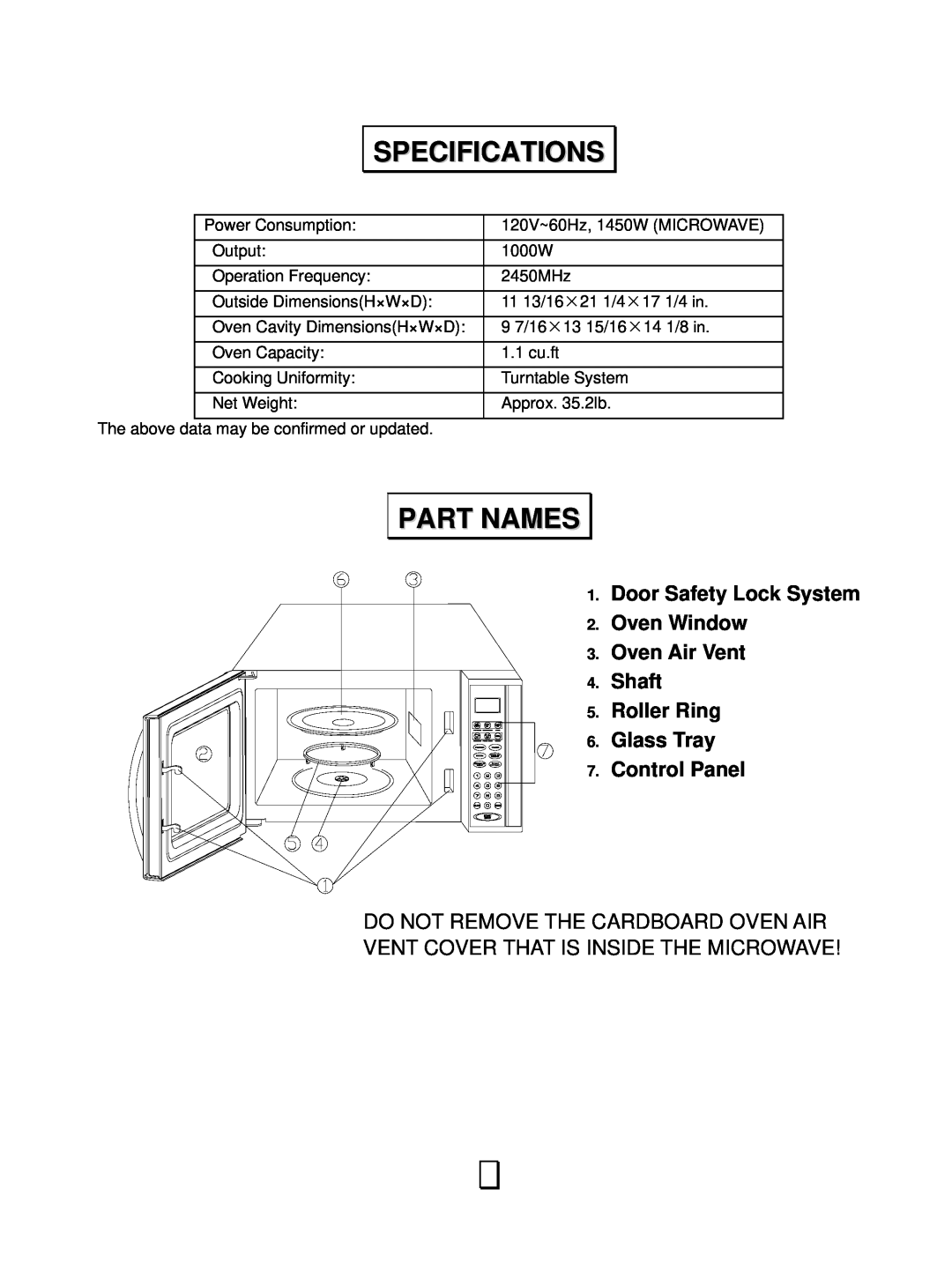 RCA RMW1138 owner manual Specifications, Part Names, Door Safety Lock System Oven Window Oven Air Vent Shaft Roller Ring 