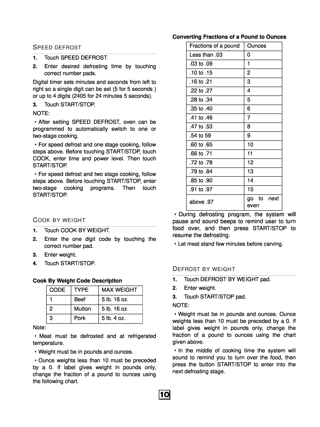 RCA RMW1143 owner manual Cook By Weight Code Description, Converting Fractions of a Pound to Ounces 