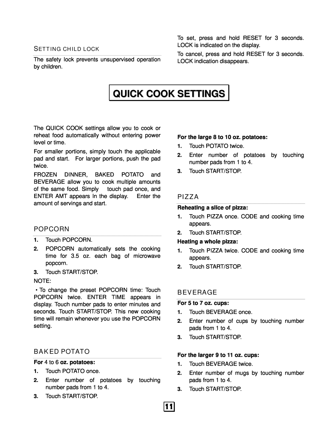 RCA RMW1143 owner manual Quick Cook Settings, Popcorn, Baked Potato, Pizza, Beverage 