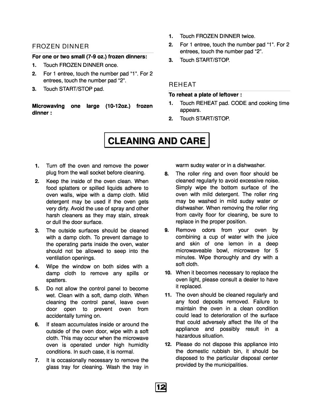RCA RMW1143 owner manual Cleaning And Care, Frozen Dinner, Reheat 