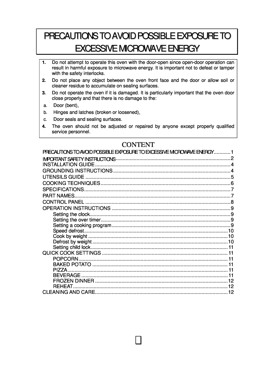 RCA RMW1143 owner manual Precautions To Avoid Possible Exposure To, Excessive Microwave Energy, Content 