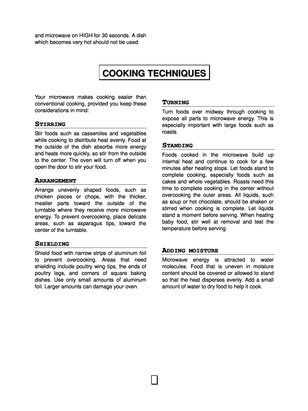 RCA RMW1143 owner manual Cooking Techniques, Stirring, Arrangement, Shielding, Turning, Standing, Adding Moisture 
