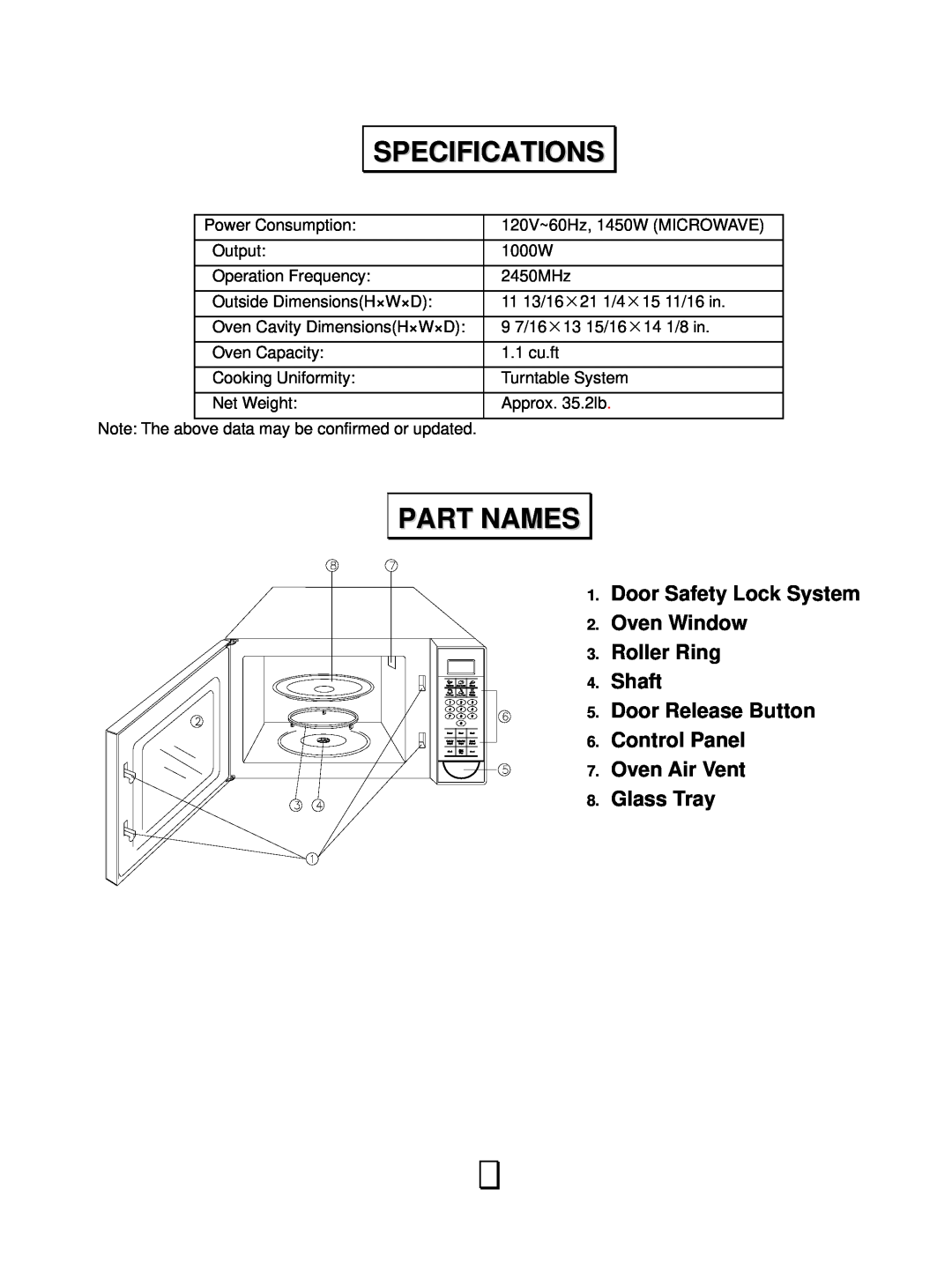 RCA RMW1143 Specifications, Part Names, Door Safety Lock System Oven Window Roller Ring, Oven Air Vent Glass Tray 