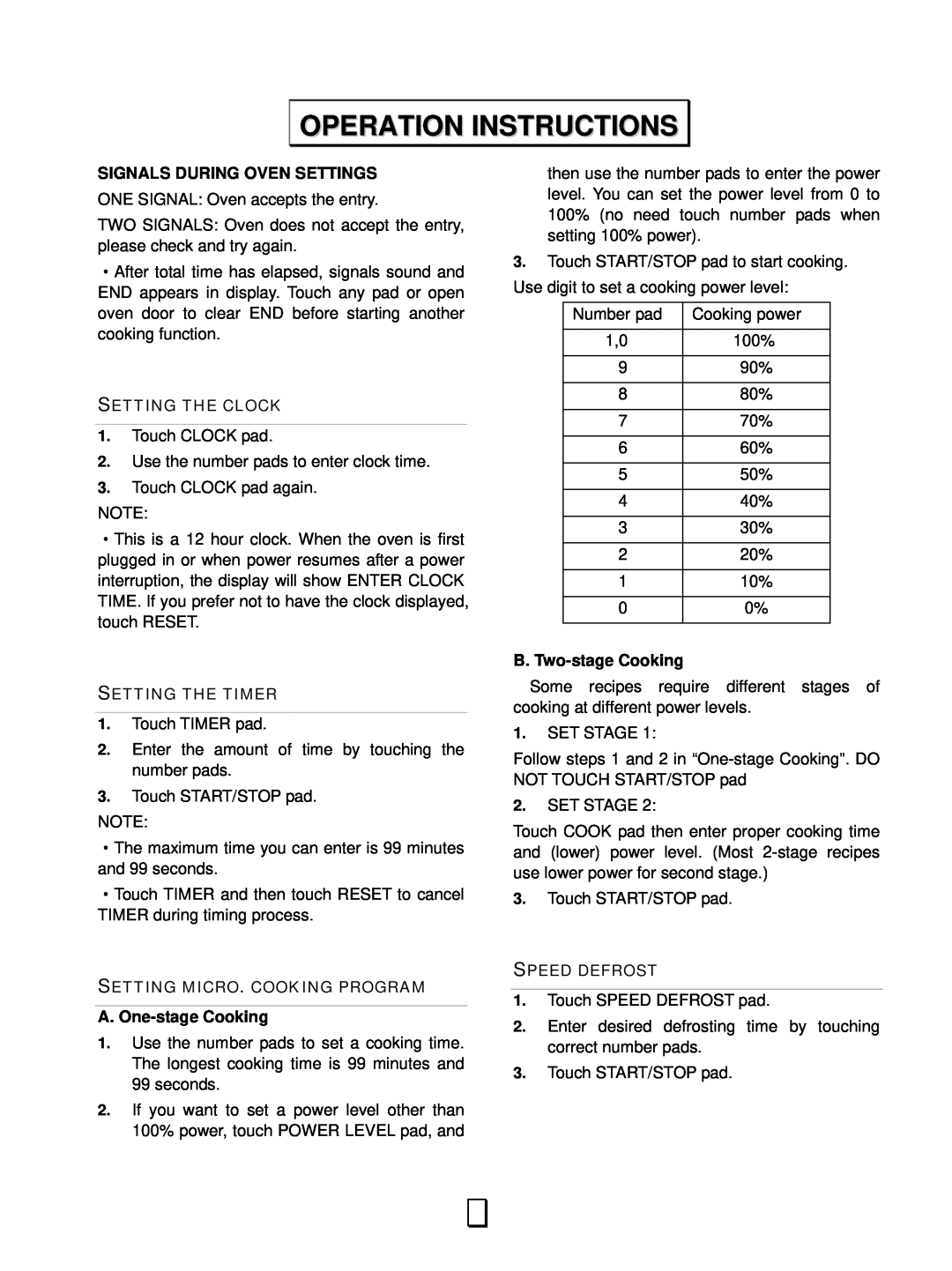 RCA RMW1156 owner manual Operation Instructions, Signals During Oven Settings, A. One-stage Cooking, B. Two-stage Cooking 