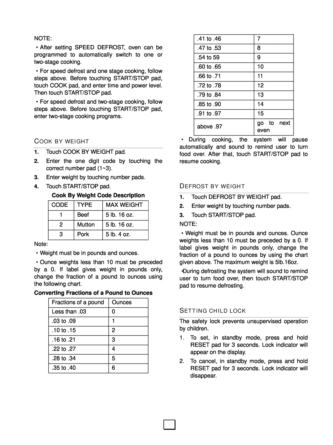 RCA RMW1156 owner manual Cook By Weight Code Description, Converting Fractions of a Pound to Ounces, Defrost By Weight 