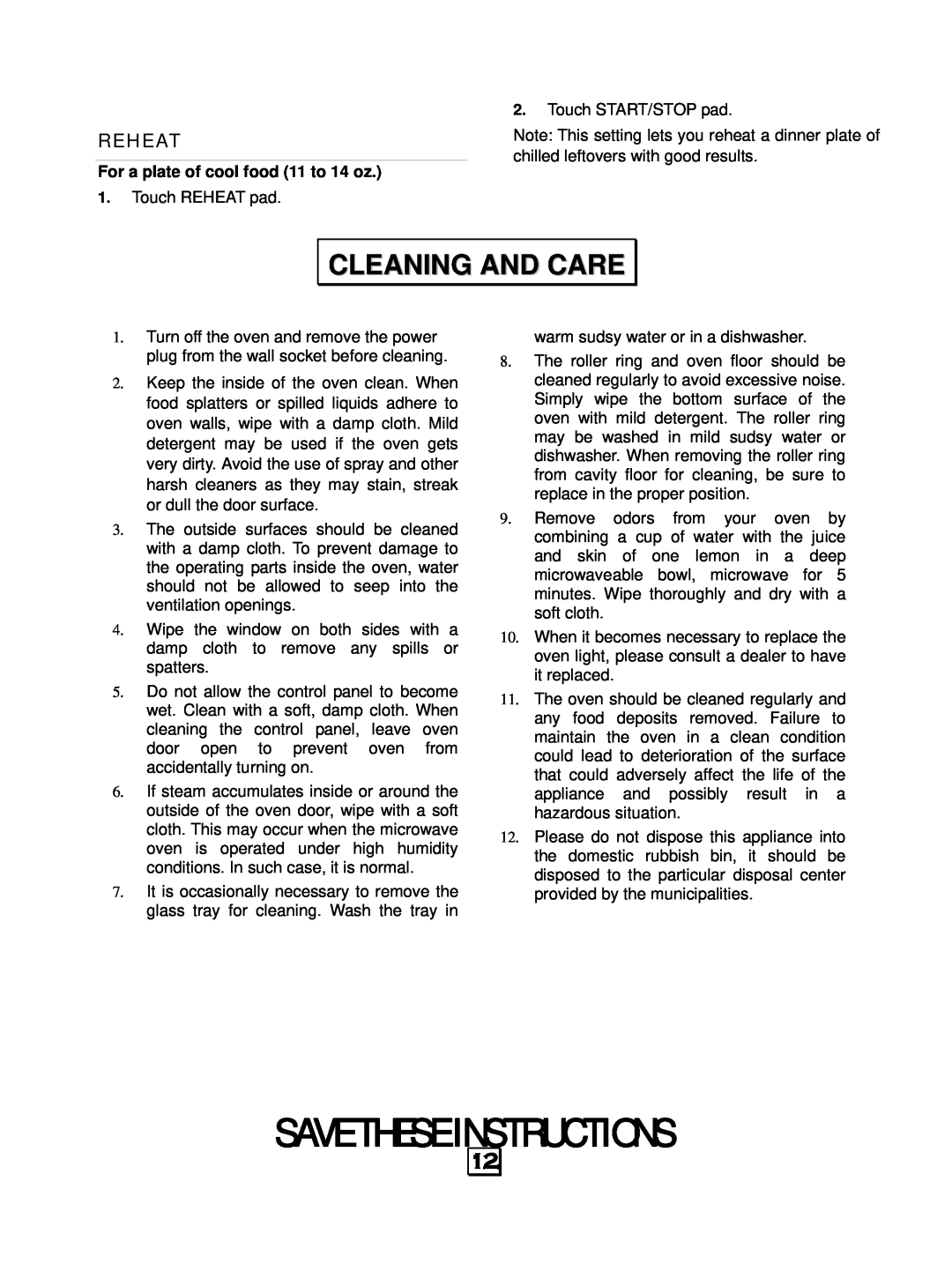 RCA RMW1156 owner manual Cleaning And Care, Reheat, Save These Instructions 