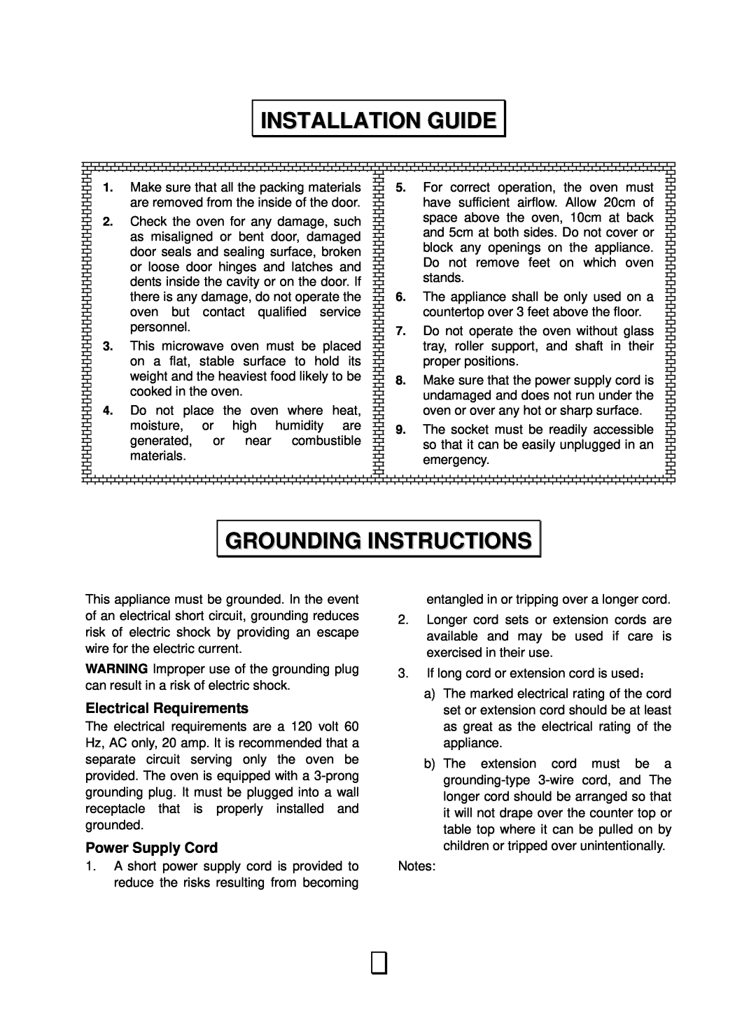 RCA RMW1156 owner manual Installation Guide, Grounding Instructions, Electrical Requirements, Power Supply Cord 