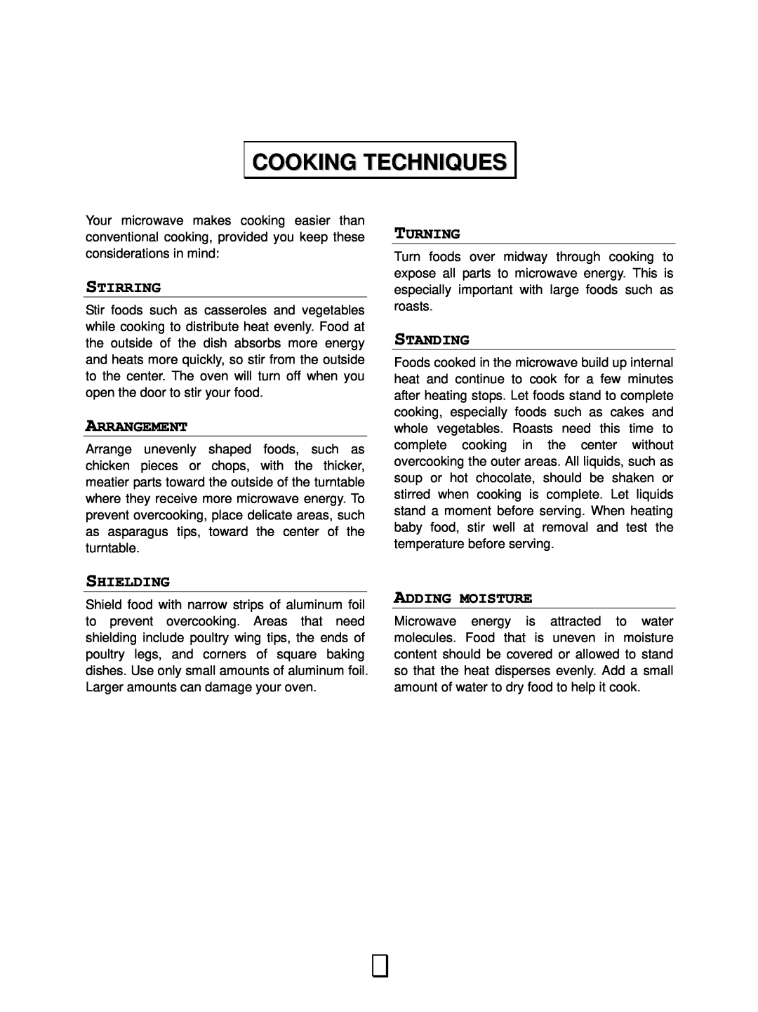 RCA RMW1156 owner manual Cooking Techniques, Stirring, Arrangement, Turning, Standing, Shielding, Adding Moisture 