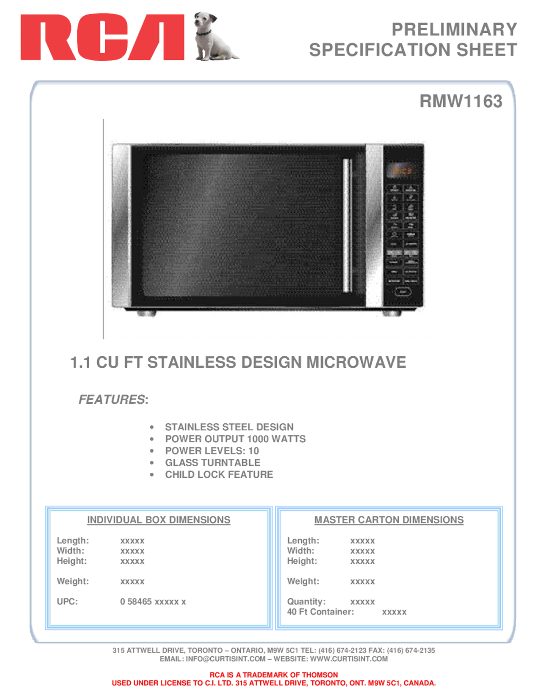 RCA RMW1163 specifications Preliminary Specification Sheet, CU FT Stainless Design Microwave, Features, Upc 