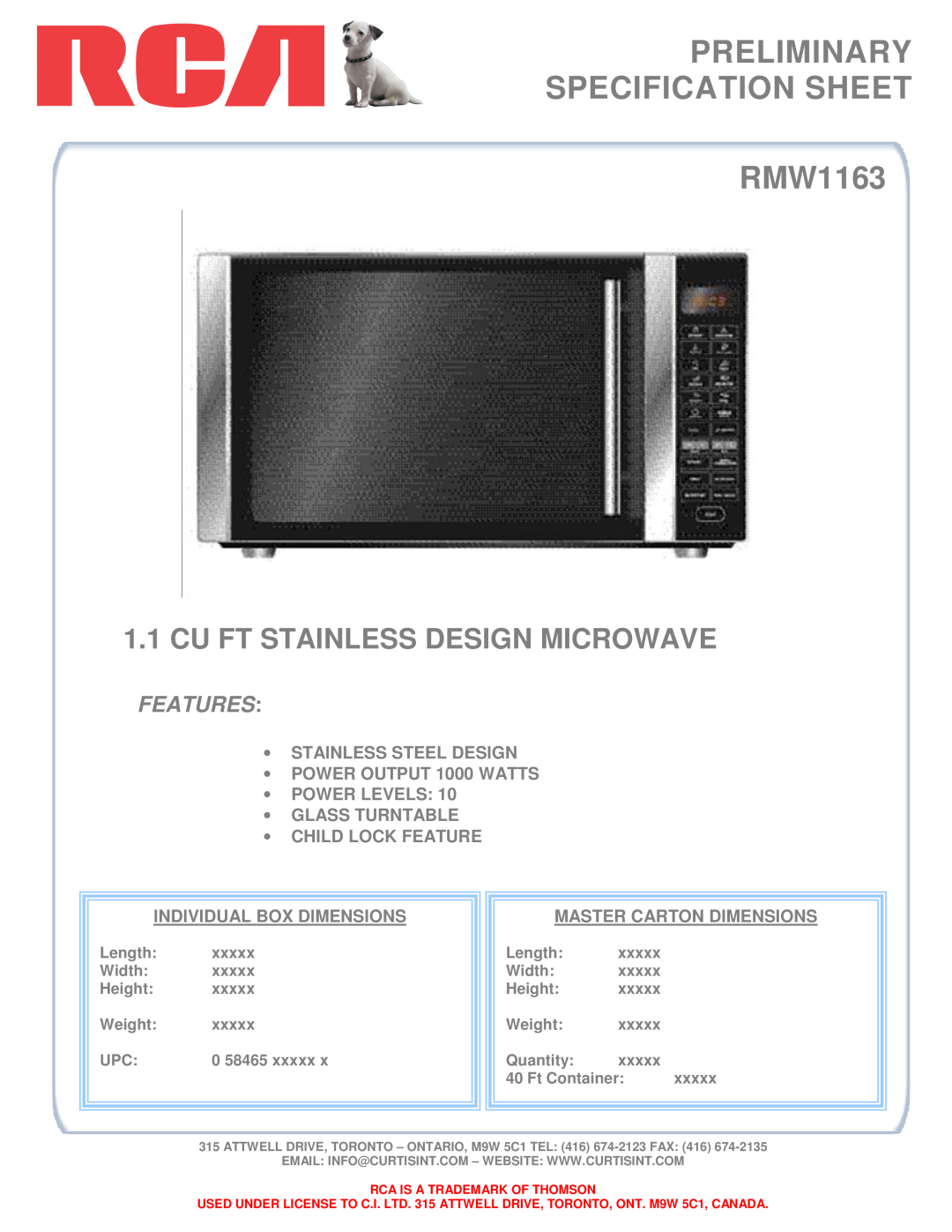 RCA specifications PRELIMINARY SPECIFICATION SHEET RMW1163, Cu Ft Stainless Design Microwave, Features 