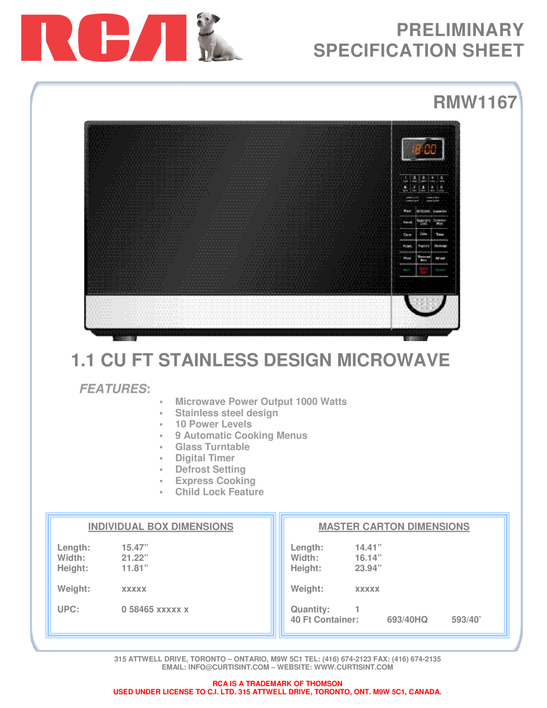 RCA specifications PRELIMINARY SPECIFICATION SHEET RMW1167, Cu Ft Stainless Design Microwave, Features 