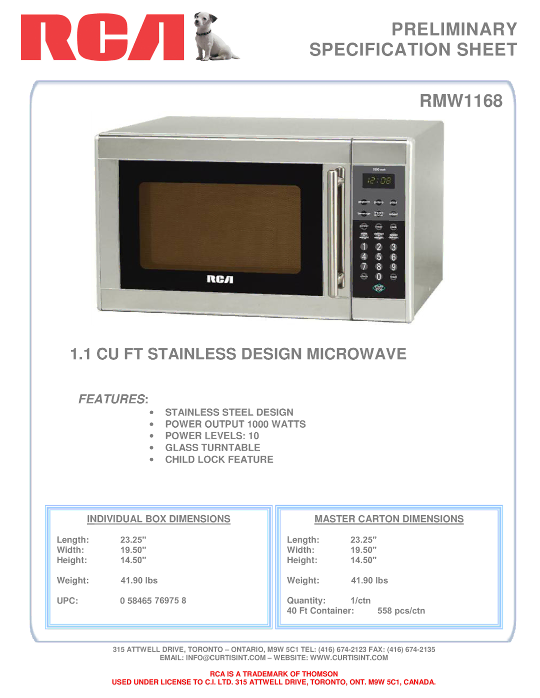 RCA RMW1168 dimensions Preliminary Specification Sheet, CU FT Stainless Design Microwave, Features, Upc 