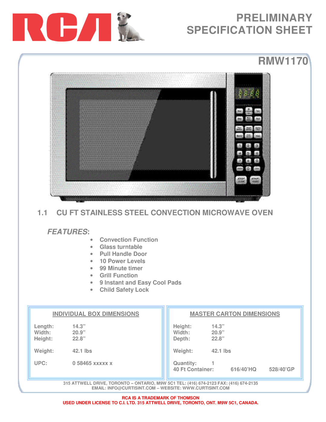 RCA RMW1170 specifications Preliminary Specification Sheet, Features, Individual BOX Dimensions Master Carton Dimensions 