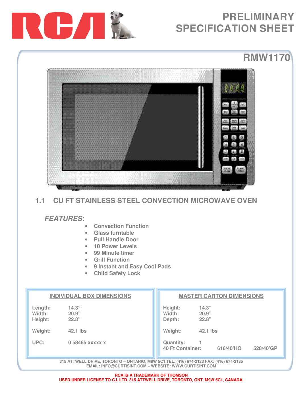 RCA specifications PRELIMINARY SPECIFICATION SHEET RMW1170, Features, Convection Function Glass turntable 