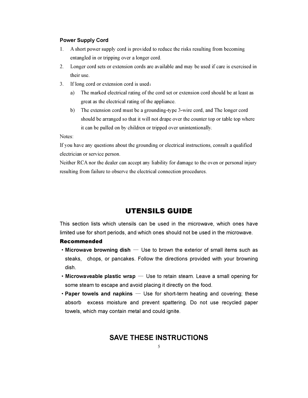 RCA RMW1171 owner manual Utensils Guide, Power Supply Cord, Recommended 