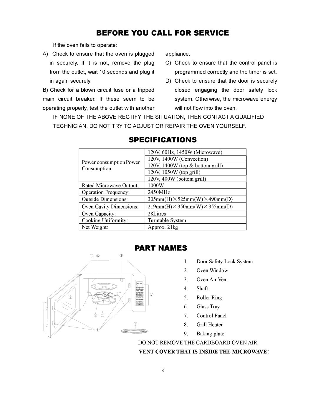 RCA RMW1171 owner manual Before YOU Call for Service, Specifications, Part Names 