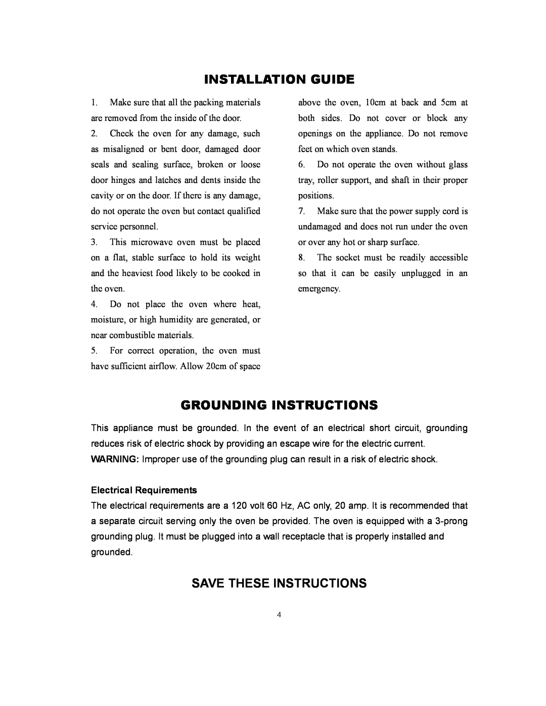 RCA RMW1171 owner manual Installation Guide, Grounding Instructions, Save These Instructions, Electrical Requirements 