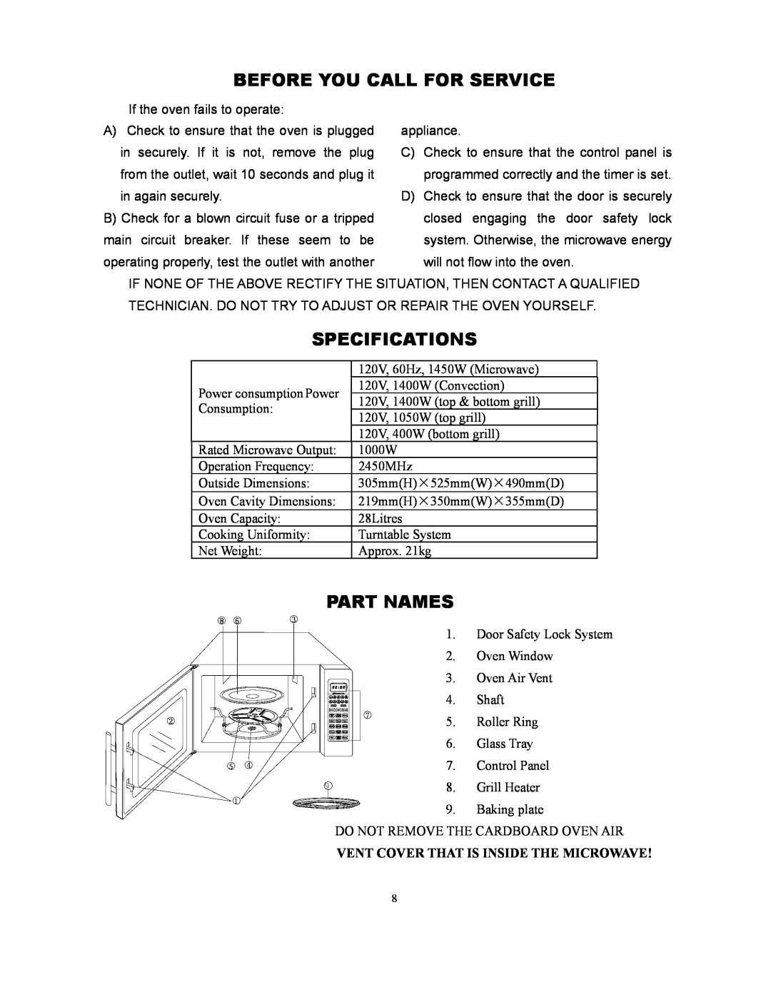 RCA RMW1171 owner manual Before You Call For Service, Specifications, Part Names, Vent Cover That Is Inside The Microwave 