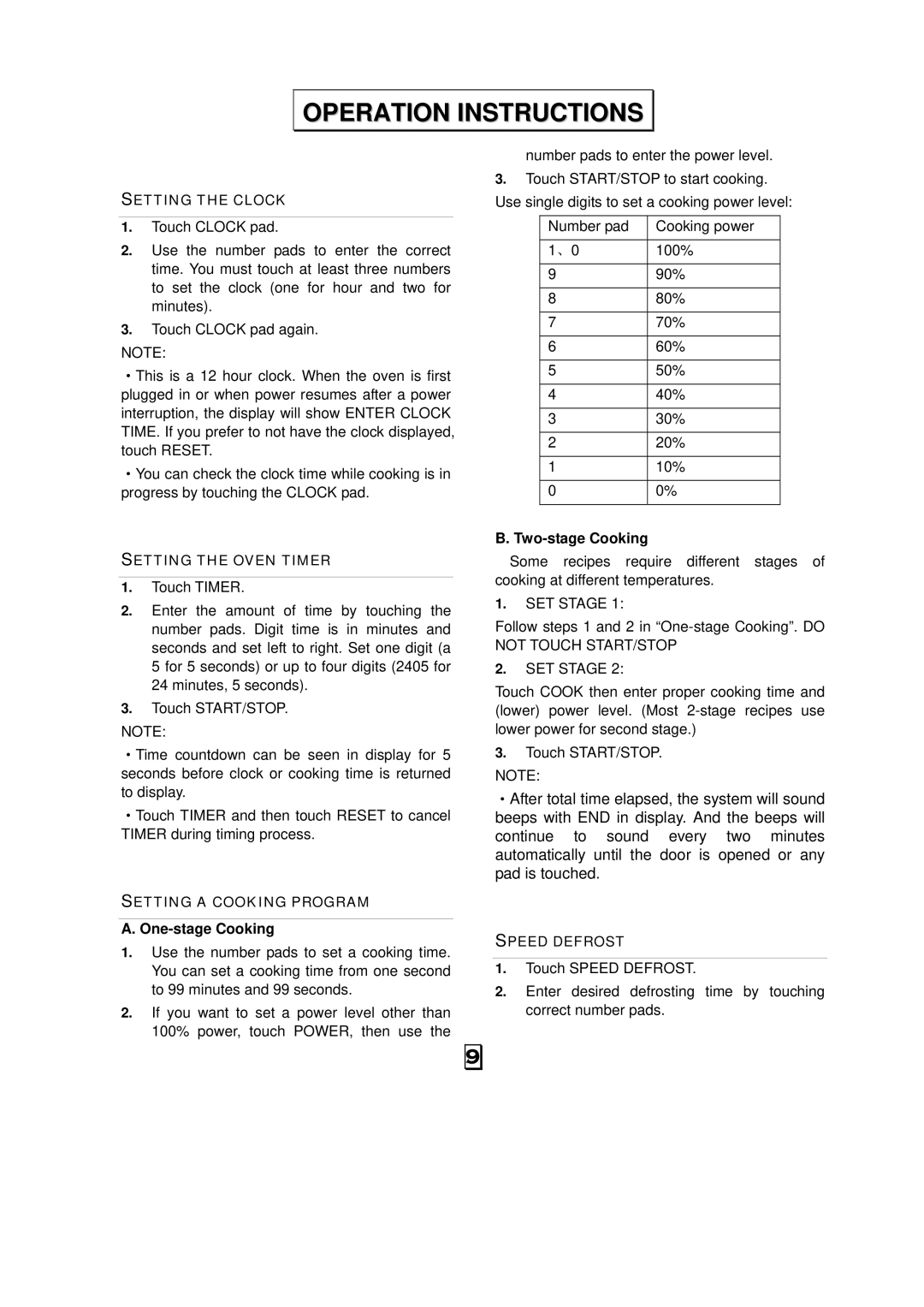 RCA RMW701 warranty Operation Instructions, One-stage Cooking, Two-stage Cooking 