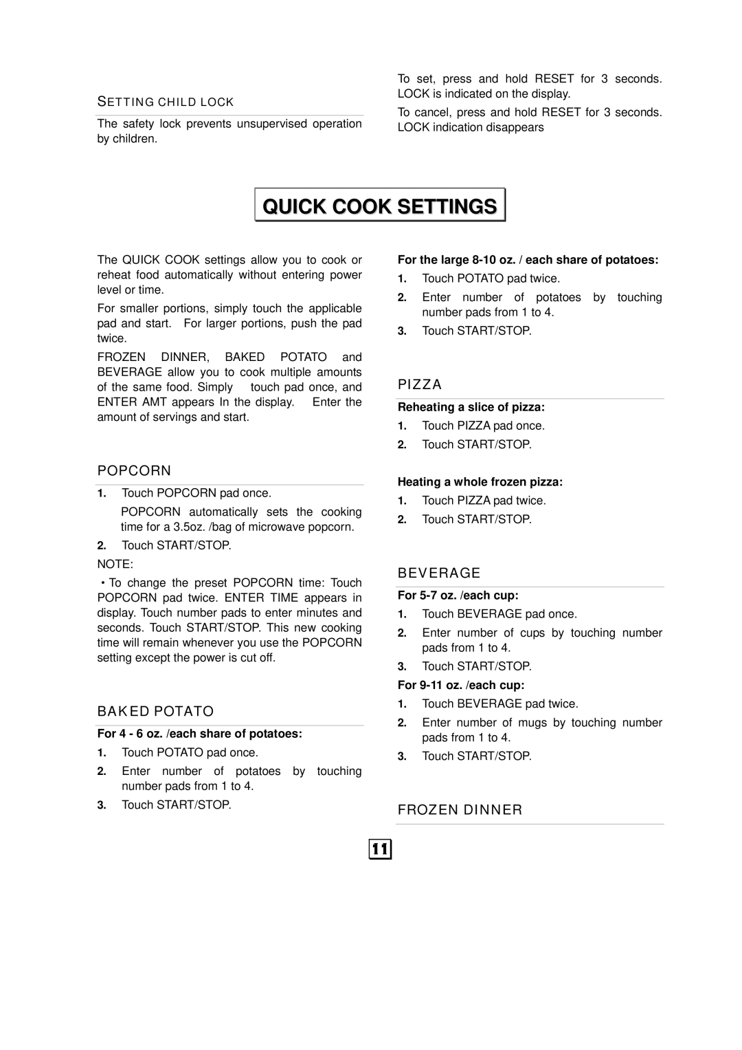 RCA RMW701 warranty Quick Cook Settings 